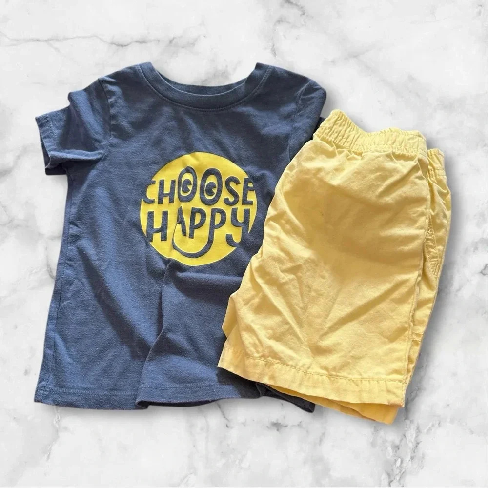 Cat and Jack t-shirt size 18m and 2t yellow shorts